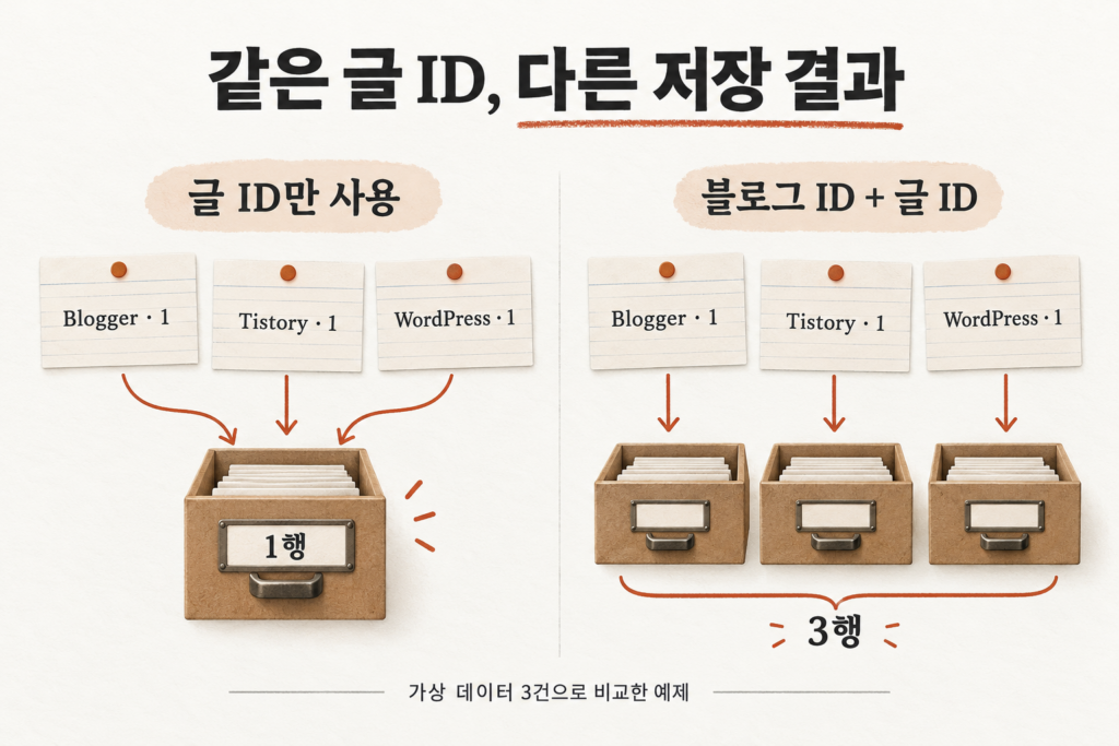 가상 글 3건을 글 ID만으로 저장하면 1행, 블로그 ID와 글 ID의 복합키로 저장하면 3행이 되는 비교